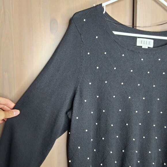Elle Pearl Accent Black Sweater X-Large Womens 3/4 Sleeve Boatneck Pullover - Picture 3 of 12